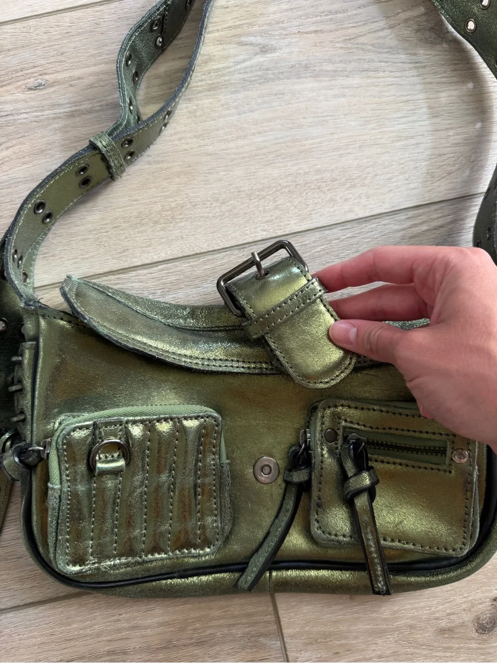 Free People Shimmery Olive Green Metallic Shoulder Bag - Picture 2 of 9